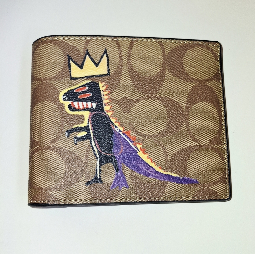 Coach Brown Signature Canvas Wallet with Hand-Painted Dino Motif